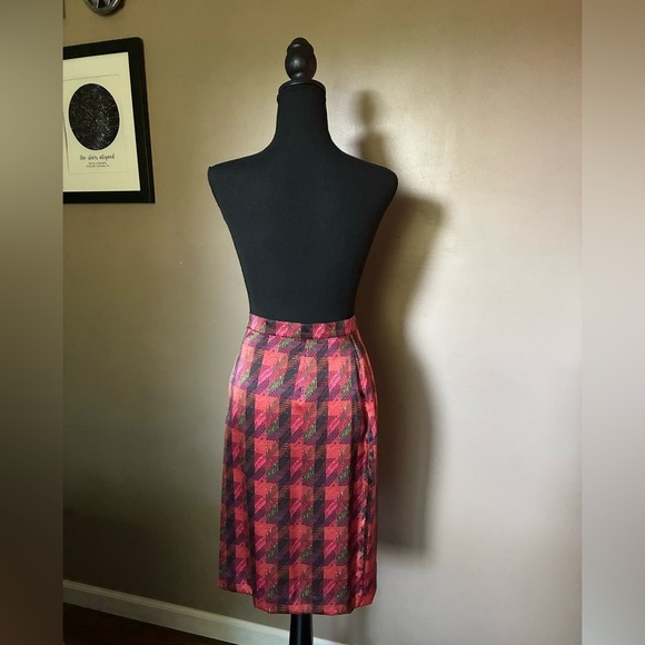 CARLISE vintage 100% silk skirt pleated pink houndstooth button front sz 12 MINT - Picture 14 of 14